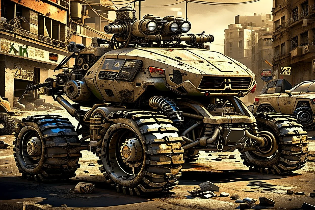 A car that's a mix between a scorpion and a tank, robotic, ready for battle, worn-out, with large rims and tires, fully mechanical, on a street in post-apocalyptic cities.