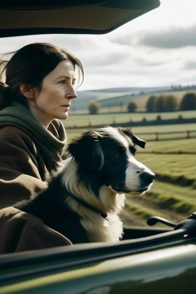 Anxious woman driving through countryside with her sheepdog next to her