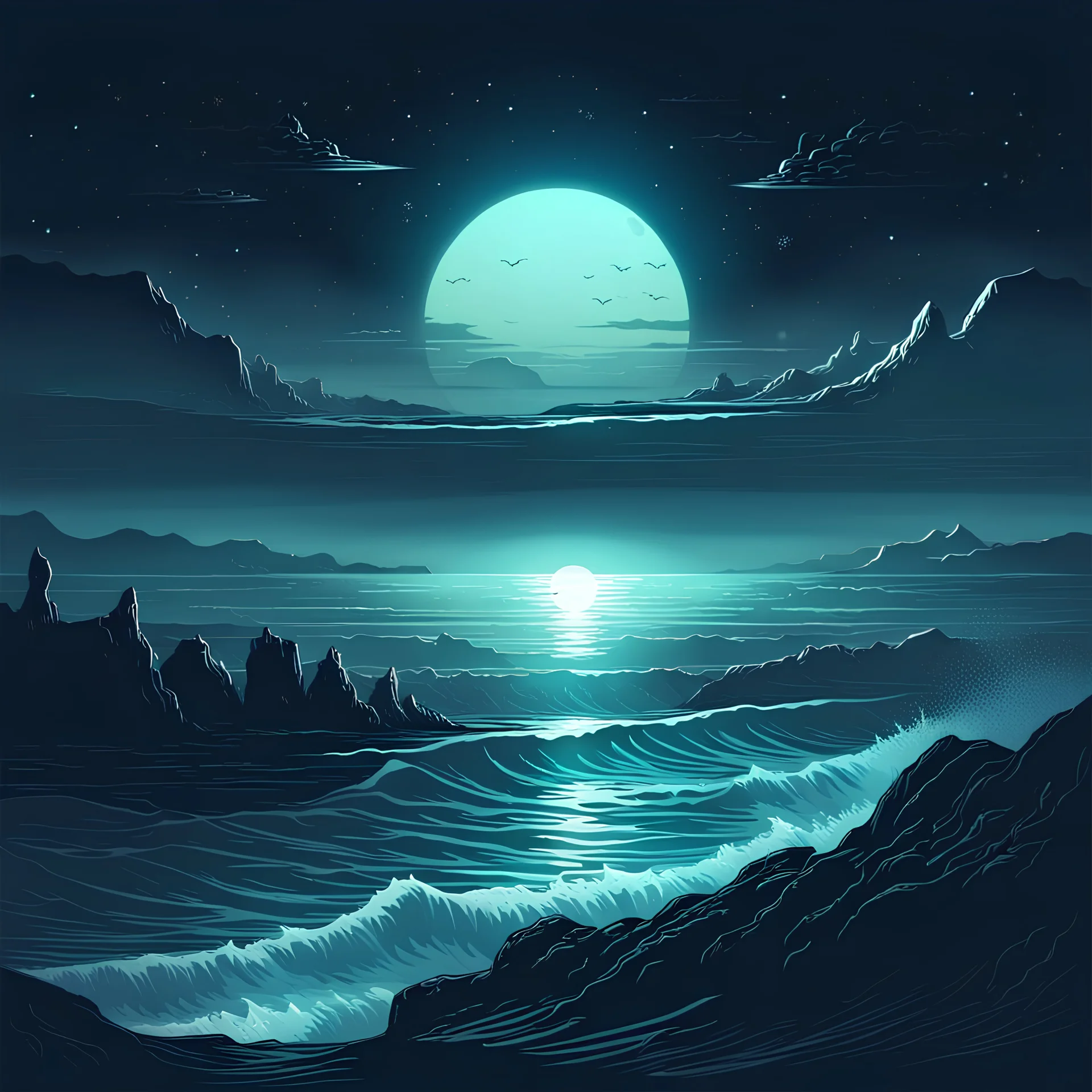 land meets the sea. nighttime, the sea shows a faint glow in the distance, sci fi art style