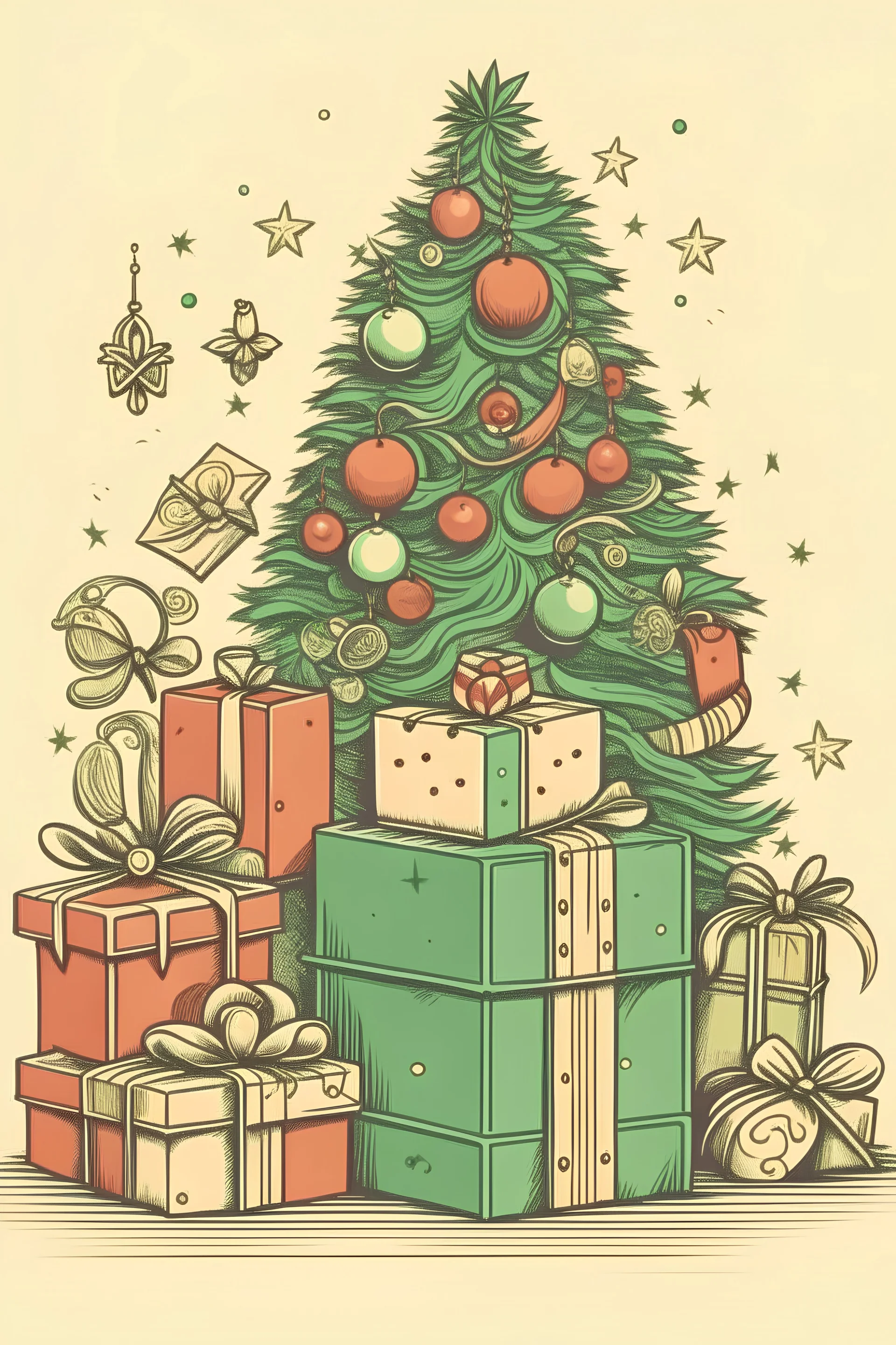 christmas card with tree and presents