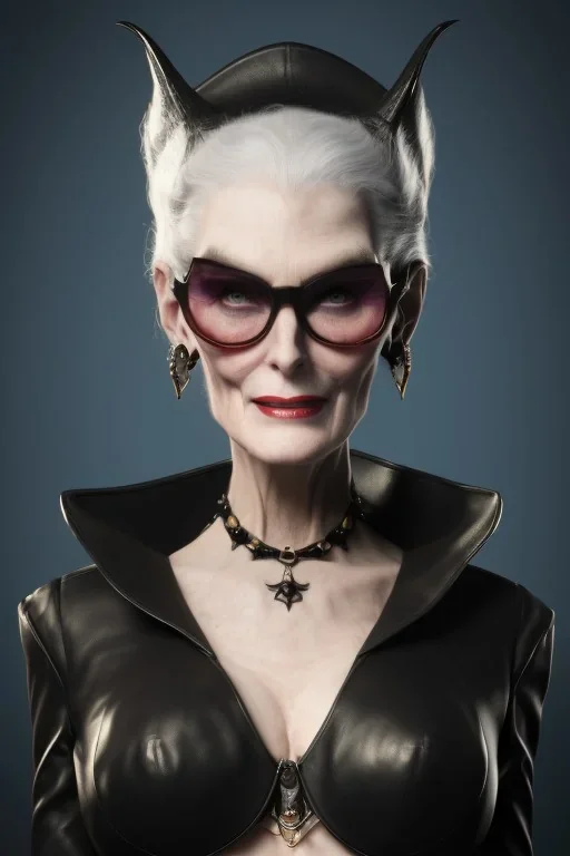 Carmen Dell`orifice as evil queen in black leather, leather, busty, cleavage, angry, stern look. character design by cory loftis, fenghua zhong, ryohei hase, ismail inceoglu and ruan jia. unreal engine 5, artistic lighting, highly detailed, photorealistic, fantasy