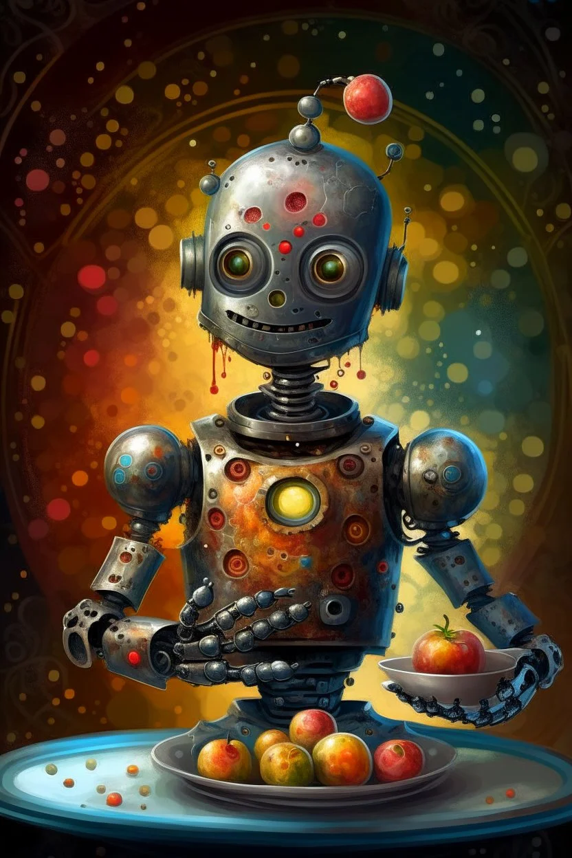 book cover illustration, spotty oil painting portrait of metallic dark faced slightly cute smirking robot vampire holding small earth on a platter, bokeh , high detail, smooth render, prize winning