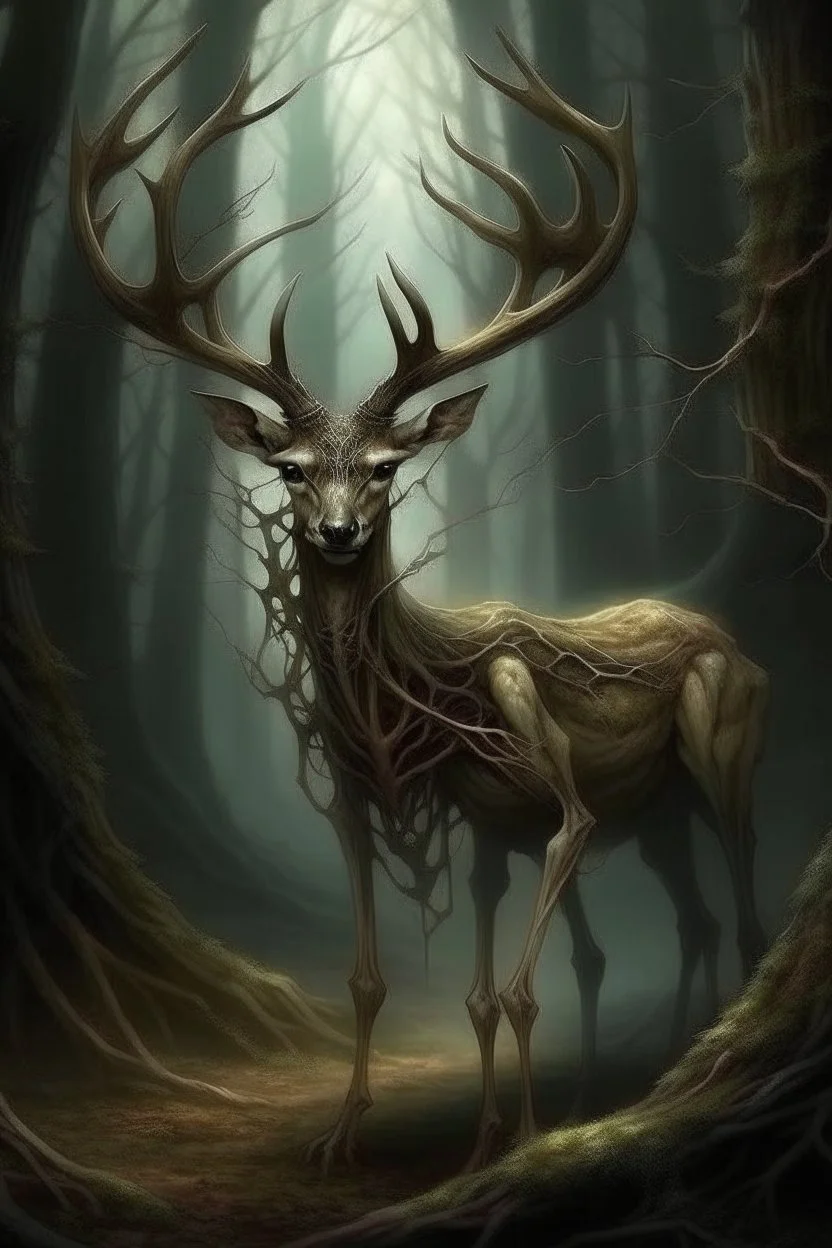 The "Almost Deer" is a chilling sight: a skeletal deer-like creature, its flesh stretched tight over its bones, with antlers twisted like gnarled branches, and hollow, soulless eyes that seem to pierce the darkness, emanating an unsettling, hypnotic allure.