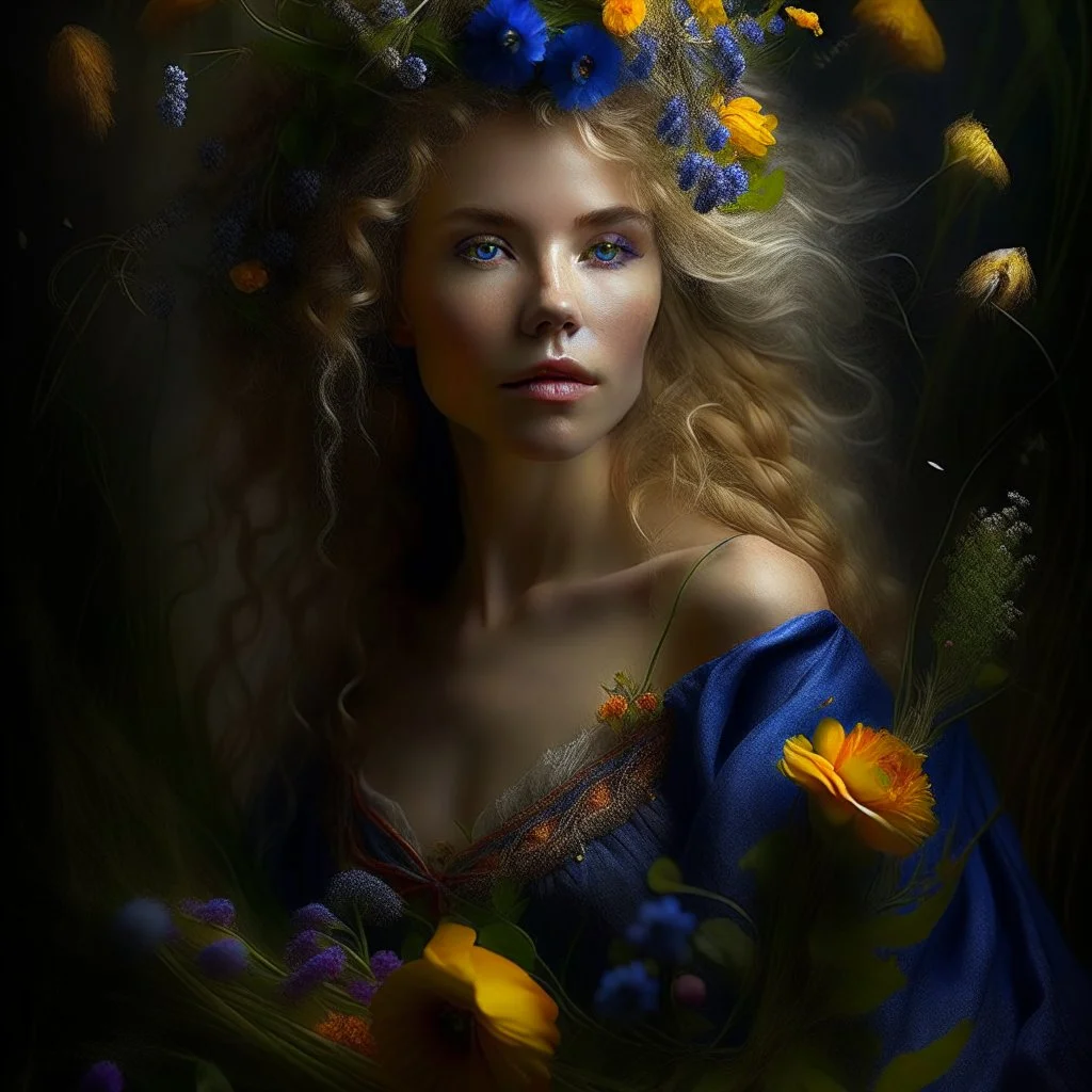 captivating conceptual portrait featuring a Swedish woman with cascading, ethereal hair and an enchanting aura. Her flowing gown is adorned with a diverse array of wildflowers, including Fireweed, Linden flower, Meadow sweet, Cornflower, St. John's wort, Stinging nettle, and Peppermint plant. Her delicate hand tenderly touches a mystical blackbird