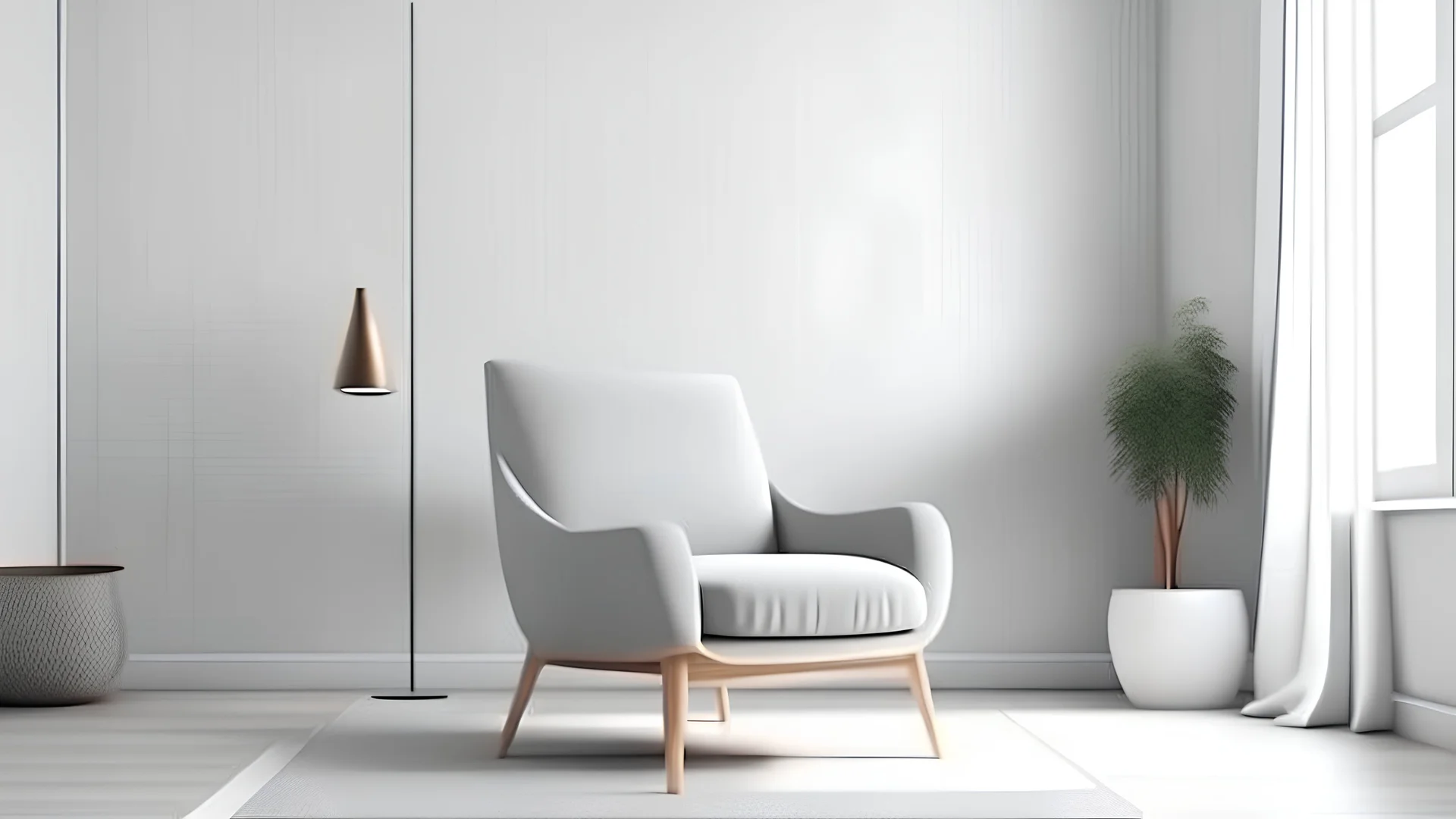 Scandinavian living room with gray armchair on empty white wall background. 3d rendering