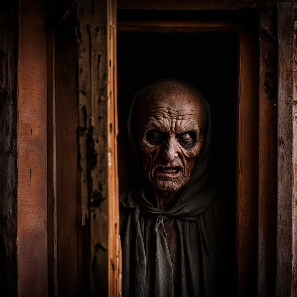 Close up of wooden door cracked open on other side an unsettling ghoulish decayed face stares back, horror photography by Joshua Hoffine, photorealistic, zombiecore, creepy, uneasy, eerie dark colors, heavy shadows