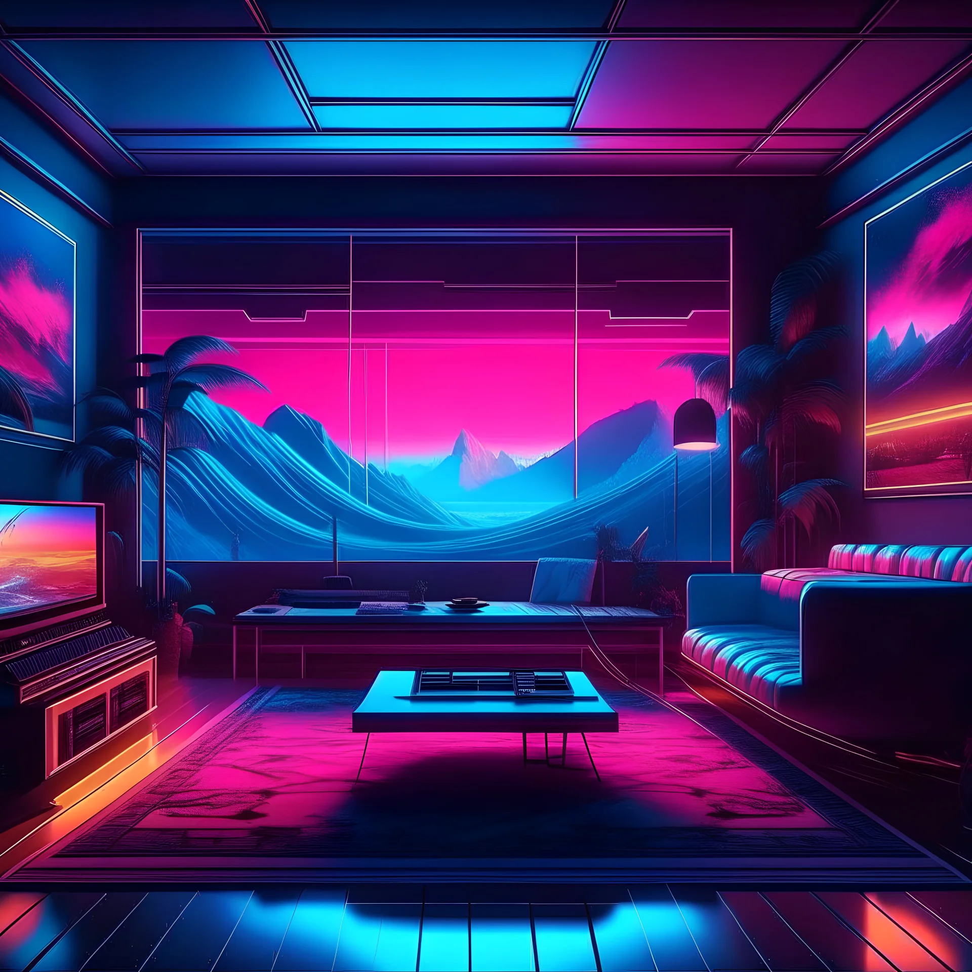 strange living room , Revolutionary AI Art Generator: Transforming house into Visual Spectacles!" This description highlights the cutting-edge nature of using AI to create strange cover art, emphasizing the fusion of technology and creativity to produce captivating visual representations of music in a synthwave and vaporwave style