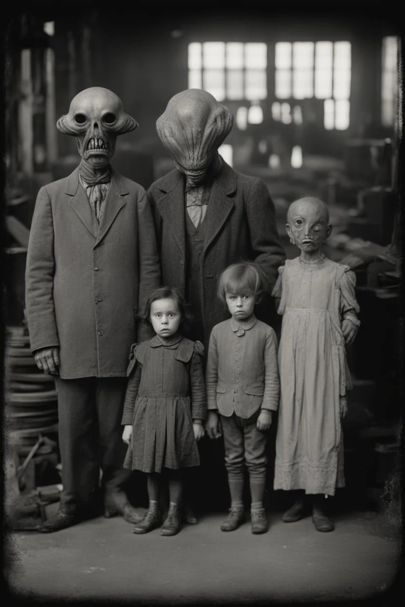 1900's black and white vintage photo, interior, teeth factory warehouse, unhappy stange long grey alien human hybrid creature with a family that is sad, captured on square format film, grainy, aged