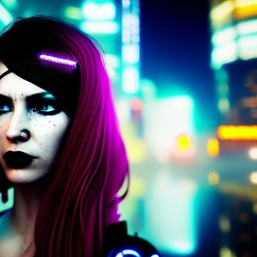 portrait, beautiful punk busty female Cyborg, intense stare, sad eyes, post-apocalyptic in a cyberpunk city,minimal skintight latex dress, bladerunner, realistic, intriacte detail, sci-fi fantasy style, volumetric lighting, particles, highly detailed ,cinamatic , deep colours,8k, in the style of Kaare Andrews