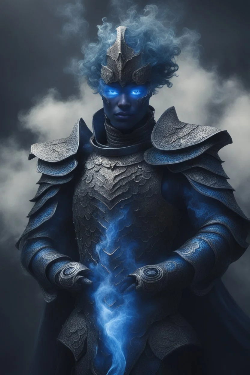 blue smoke in a shape of humanoid of colour of a storm wearing a scalemail armor