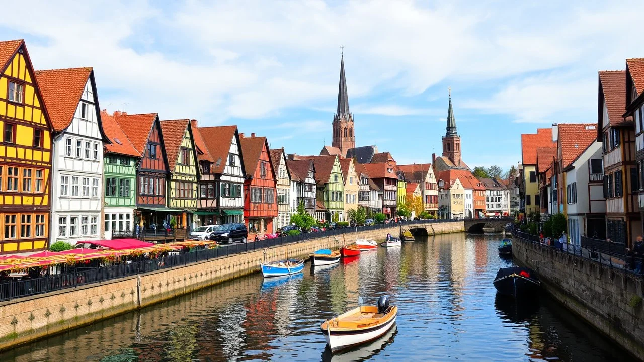 A picturesque medieval town with colorful half-timbered houses lining a canal, boats floating on the water, and church spires in the background