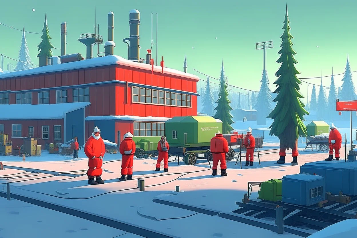 Santa Claus is visiting a factory and give them presents, cartoon style Simon Stålenhag