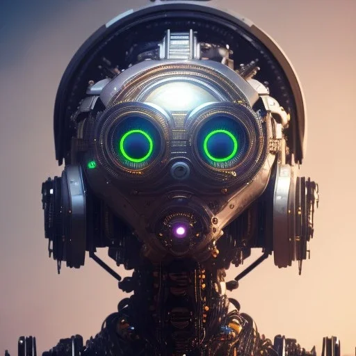 a beautiful full frame portrait digital painting of futuristic gaspunk robot, wide angle view, close-up, macro lens, centered camera, titanium accents, intricate details, small minutiae, tiny features, particulars, colorful, 8k, least ambient occlusion, volumetric lighting, volumetric clouds