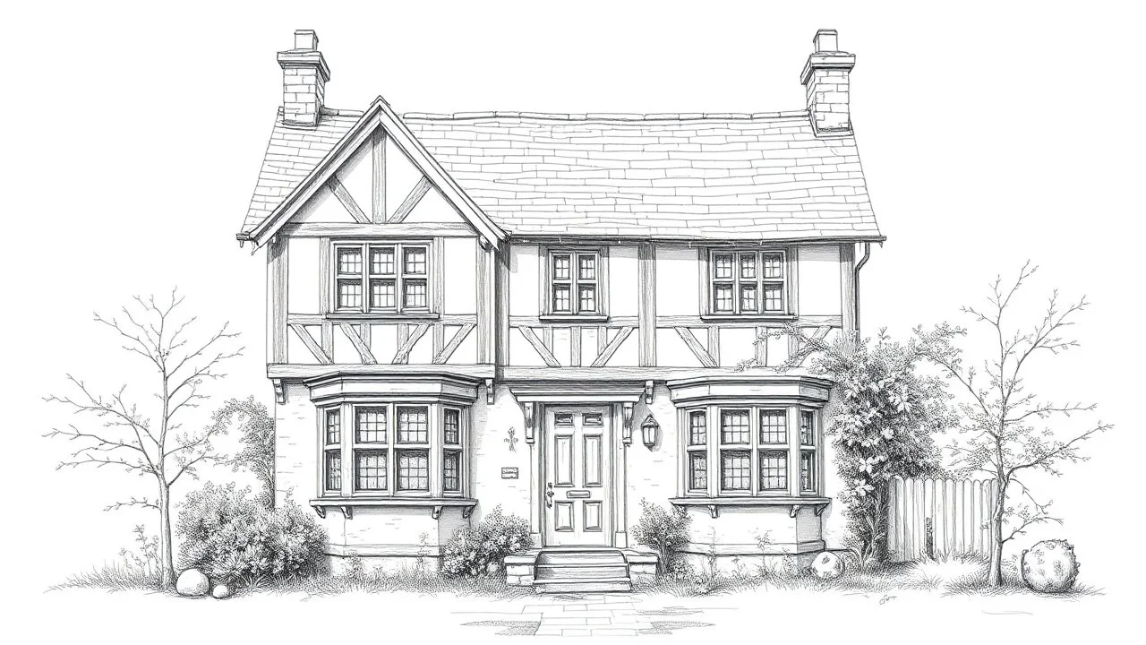 A front elevation fine-line pencil drawing of an old, dilapidated Tudor fantasy cottage.