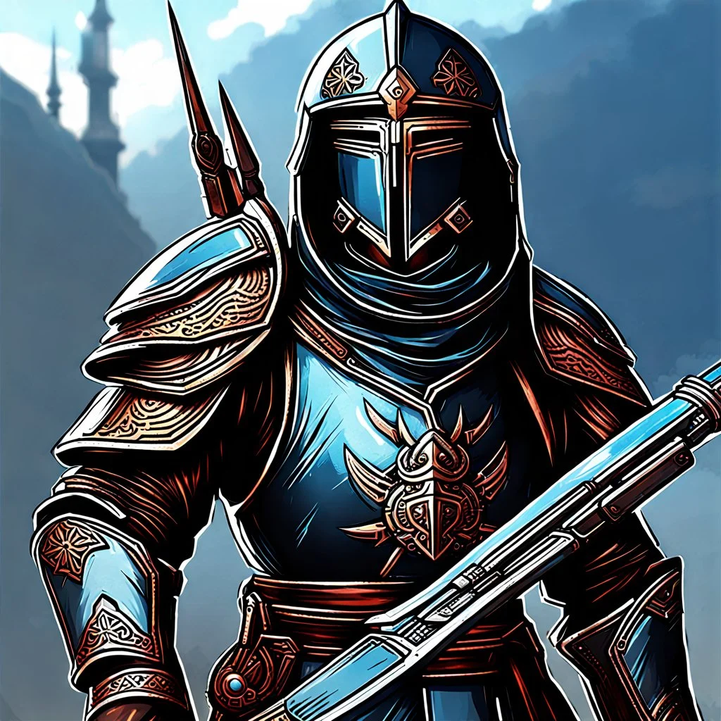 fantasy tcg art of a sci-fi crossbow soldier man with knight mask