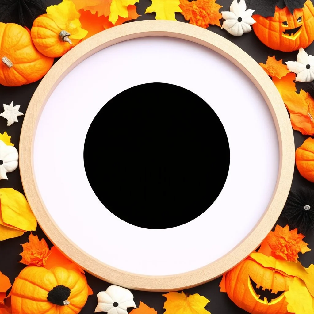 Round wooden frame in Halloween colors on a light background