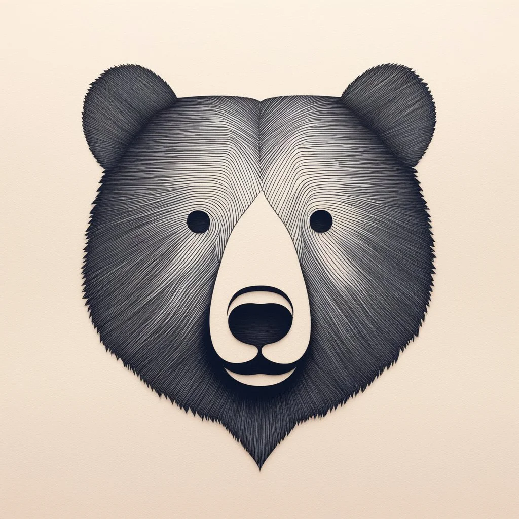 M shaped bear head combined with lots of woods silhouette in background, letterpress style, minimalistic pencil art