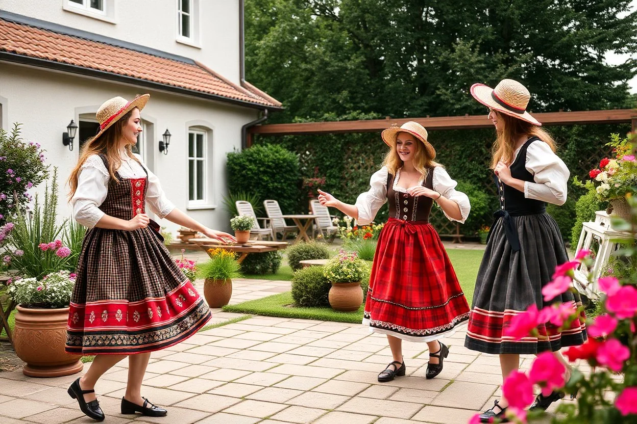 beautiful girls in German folk custom dancing in a modern villa garden yard