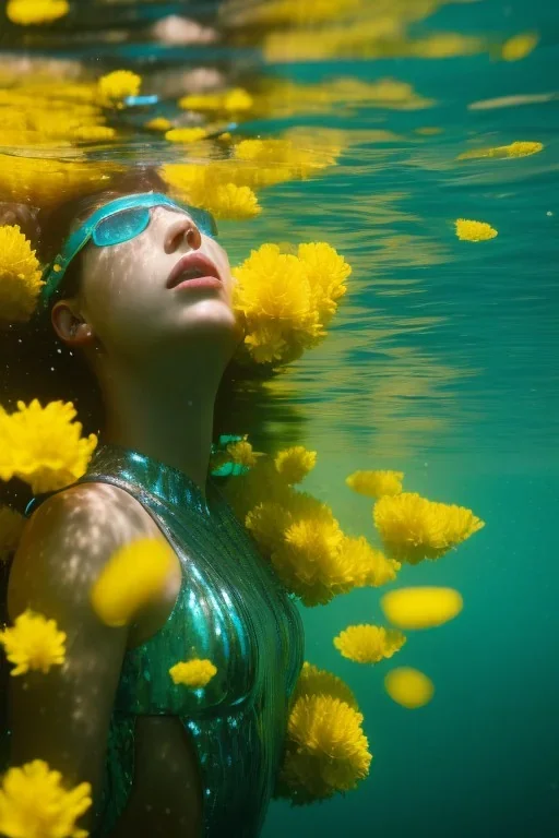 eva and adam underwater with yellow flowers for hair, closed eyes, rtx, reflection, 8k, glow, winning photography, caustics