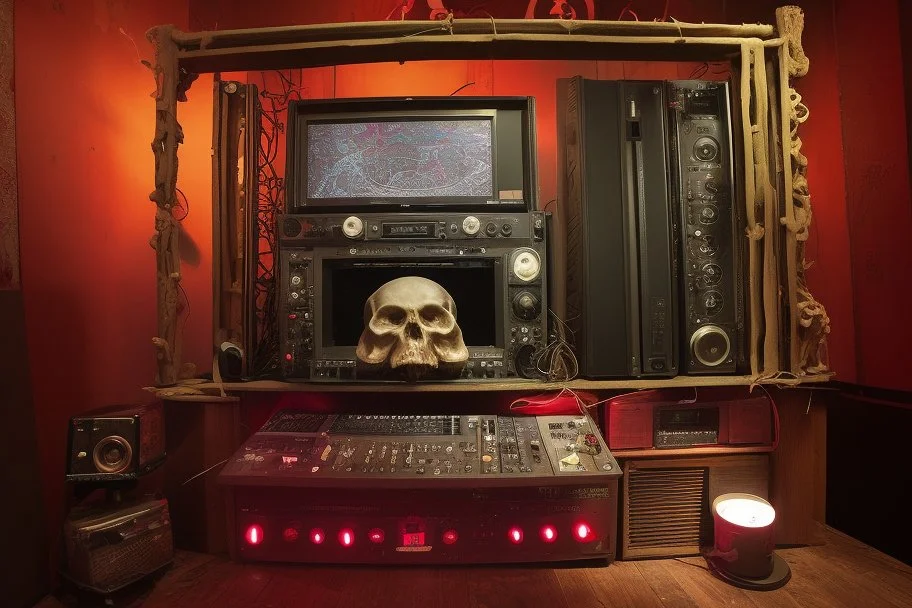 DJ of the damnded, insanely detailed DJ booth in hell, MID set, speakers and equipment made of bone, anatomically correct,