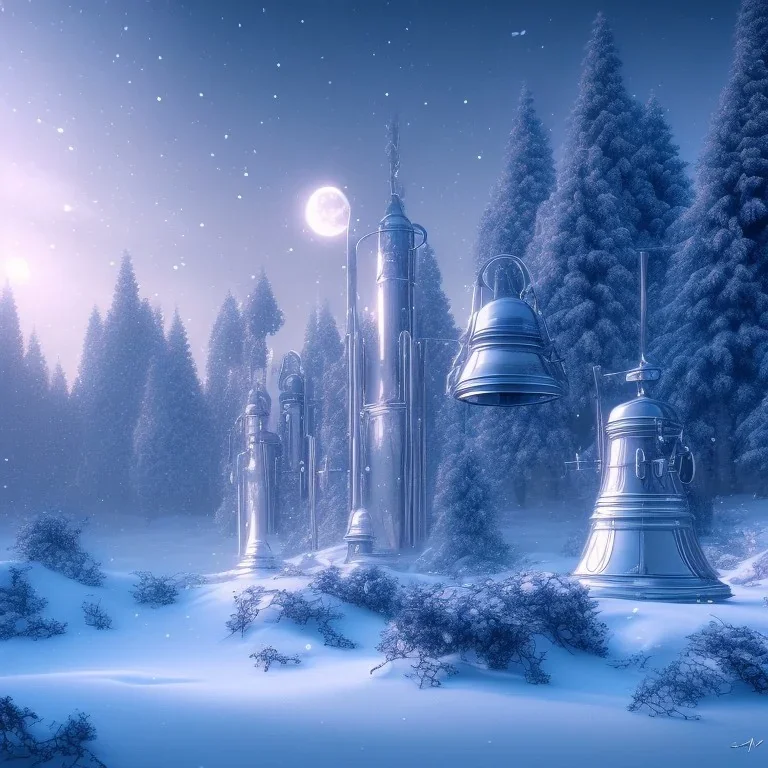 winter landscape, bells, ice, dreamy, science fiction