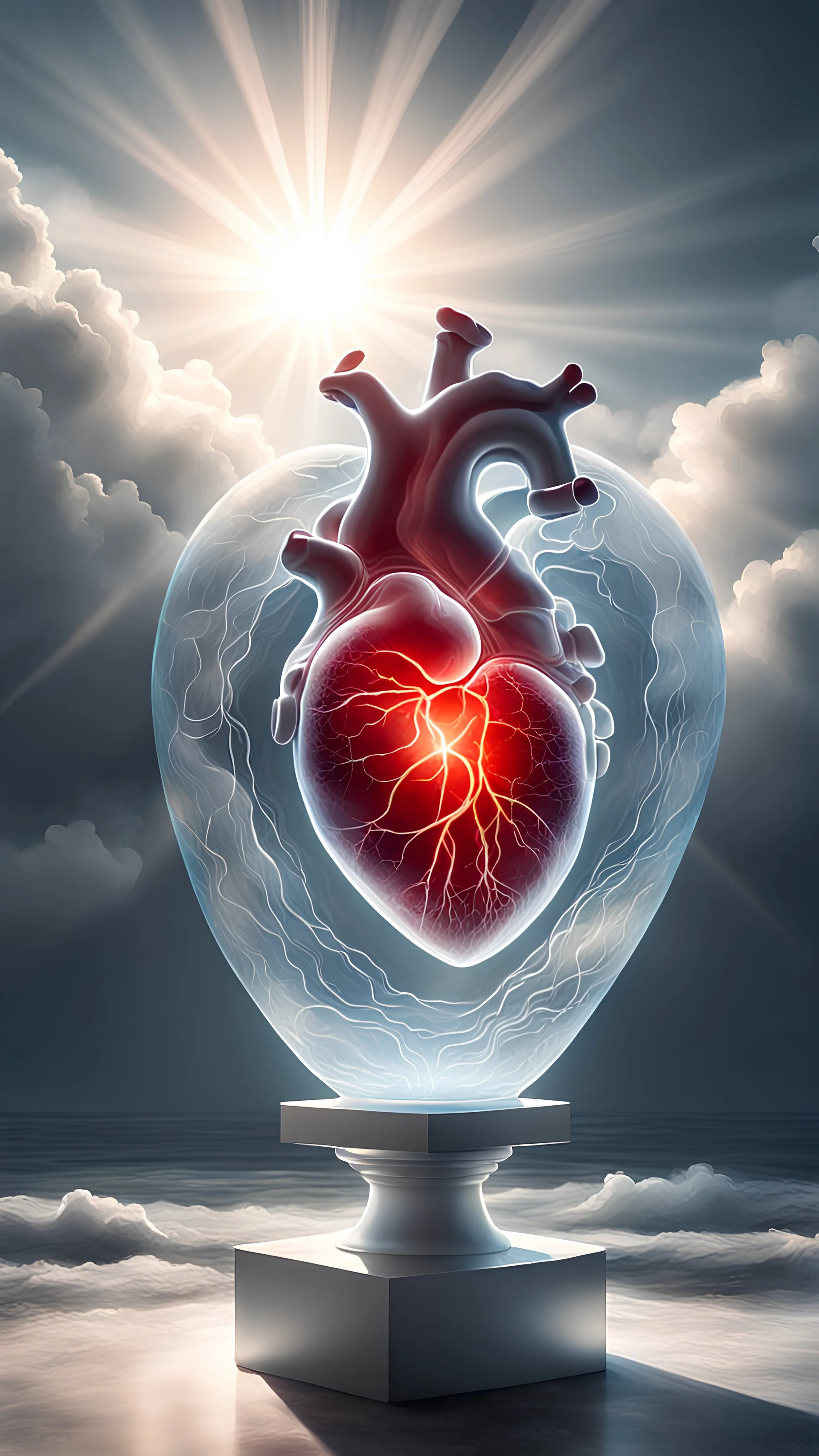 An illustration of a human heart made of translucent glass stands on a pedestal in a rough sea. The sunlight pierces through the clouds, illuminates the mind, revealing the small universe within, and the heart is on the inner cosmic horizon.