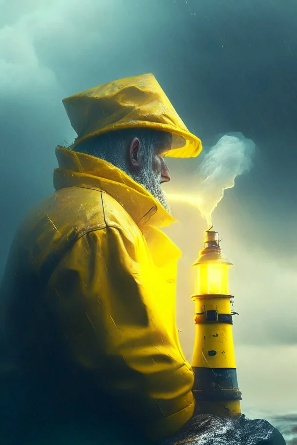 close up on old seafarer smoking pipe, sitting in yellow raincoat on rocks beneath a blurred unreal bright white lighthouse, storm clouds, volumetric fog, lightening, volumetric light,depth of field, fantasy art, 4k, highly detailed, evening