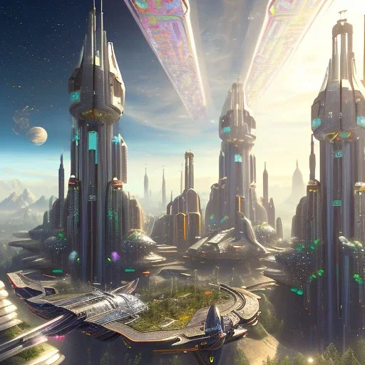 futuristic city with astroport and transparent bridges, galactic landsacape with multicolored crystals falling from the sky, full of details, smooth, bright sunshine，soft light atmosphere, light effect，vaporwave colorful, concept art, smooth, extremely sharp detail, finely tuned detail, ultra high definition, 8 k, unreal engine 5, ultra sharp focus