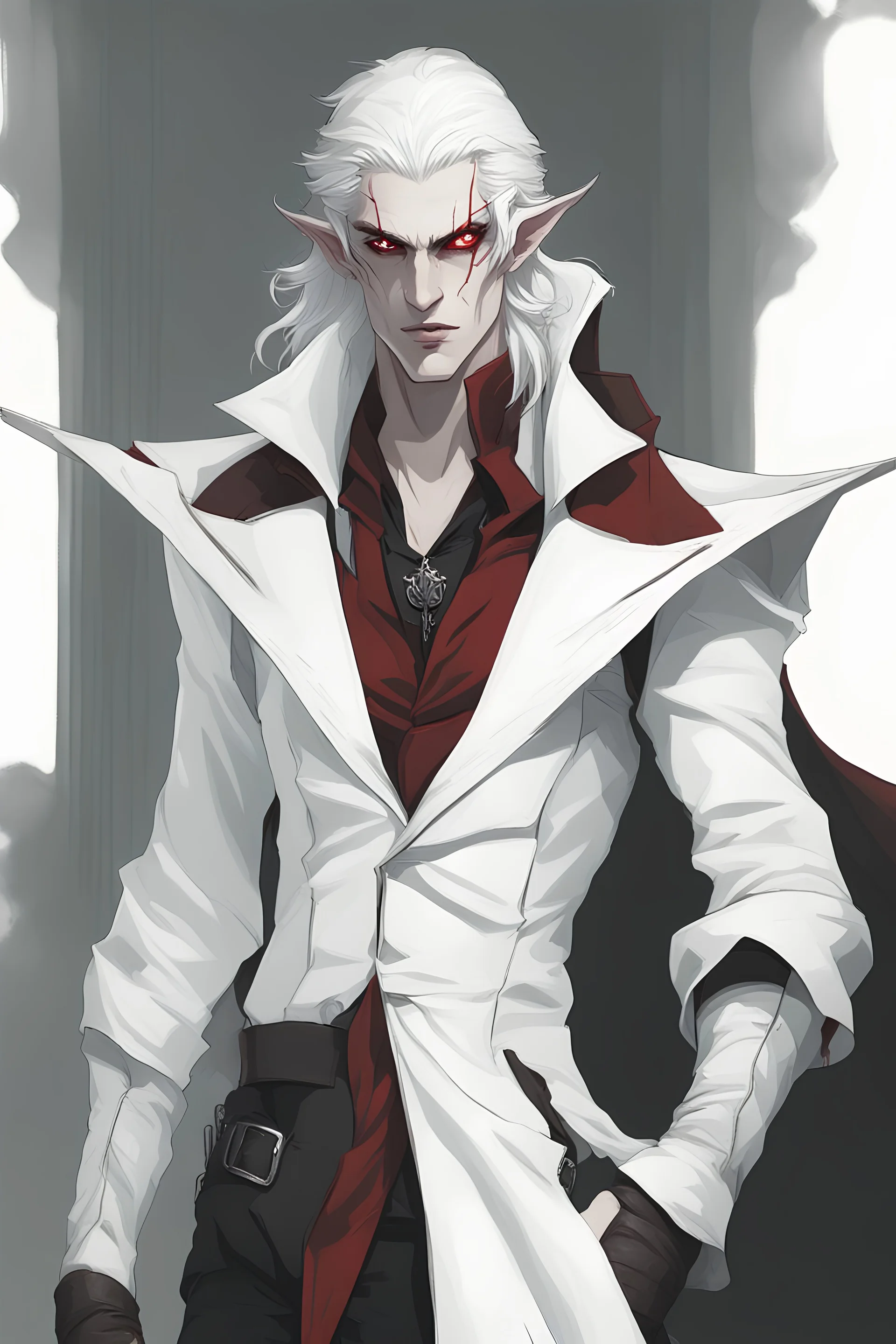 Tall white half elf vampire, with red eyes and dark leather clothes, looks like a good person