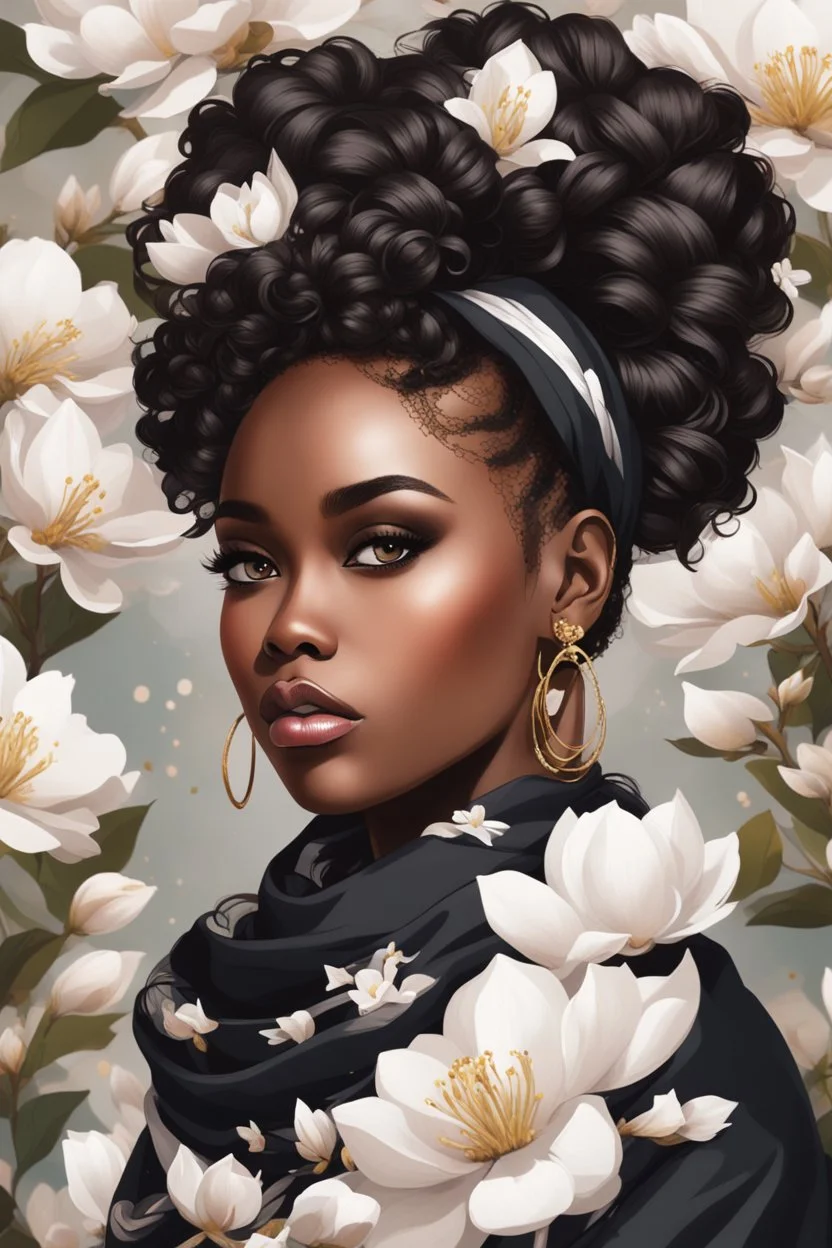 create an urban culture art image of a black curvy female looking to the side with a curly messy bun in a wrapped hair scarf. prominent make up with hazel eyes. 2k Highly detailed hair. Background of white magnolia flowers surrounding her