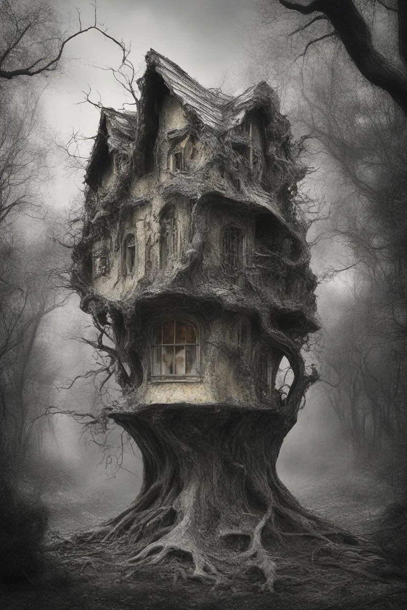 surrealis monochrome A fragmented, surreal sculpture liguid color of photorealistic image 3d,psychedelic art of a house surrounded by trees-glossy emerging from dreamlike a crumbling building. The face appears pale with deep cracks and intricate details, evoking a haunting expression. Blackened tree branches intertwine with the gold mengkilat cracks, set against a backdrop of stormy, cloud-filled skies. bauhaus art The overall tone is dark and moody, suggesting themes of decay and transfor