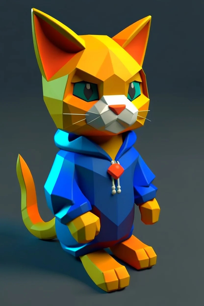 low poly nintendo 64 chracter of a happy cat in a hoodie witha retro gam on the hoodie