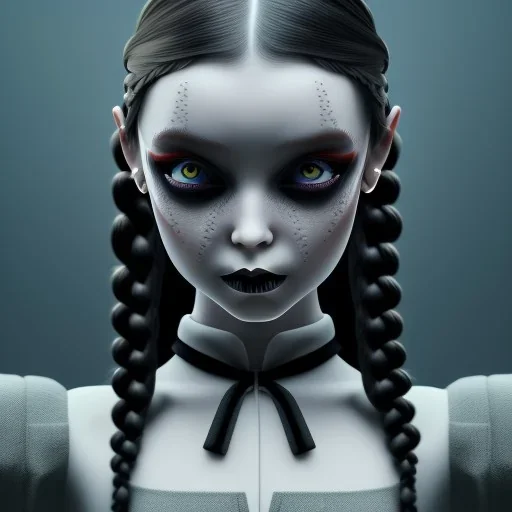 Wednesday Addams, Wednesday with braids standing with her arms crossed, dark, hyper detail, octane render, unreal engine 5, photorealistic, 8k resulation