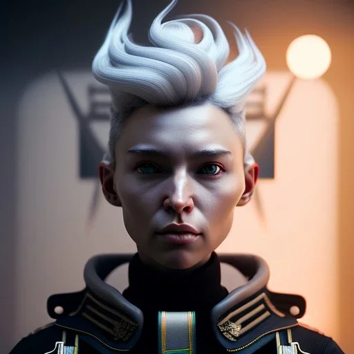 White hair, military Woman, captain, army, cyberpunk, cold ambient, highly detailed, art stations, concept art, smooth, unreal engine 5, god rays, ray tracing, RTX, lumen lighting, ultra detail, volumetric lighting, 3d, finely drawn, high definition, high resolution, gradient background