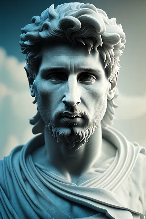 Ultra Realistic image, Roman sculpture, white marble material, Lionel Messi, sun radial crown, chisel style, waist up portrait, epic, celestial, cinematic lighting, God light, god rays, 4k resolution, smooth details, ornate details, soft lighting, unreal engine 5, marble background.