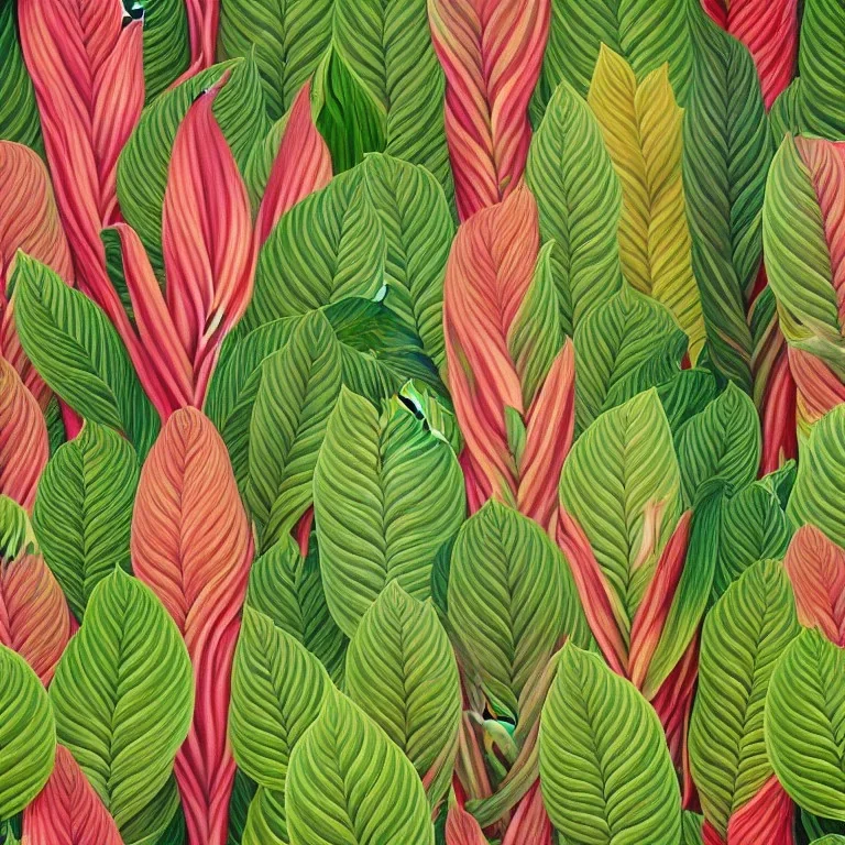 a highly detailed painting of Calathea flowers, seamless pattern, pop surrealism, high resolution, oil on canvas