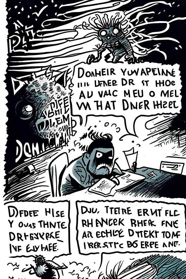 Deadline. Another damn deadline. What amazes you most is that you haven't become a hack. Pressure. The constant pressure. Keep those worlds coming. The weirder the better. It gets worse every year. They always want something new. Bigger monsters. Stronger heroes. You dig deeper into my dreams. You feel it, you know... whatever I draw... You know you can stop it... You won't stop it. You live through your dreams. You escape. They