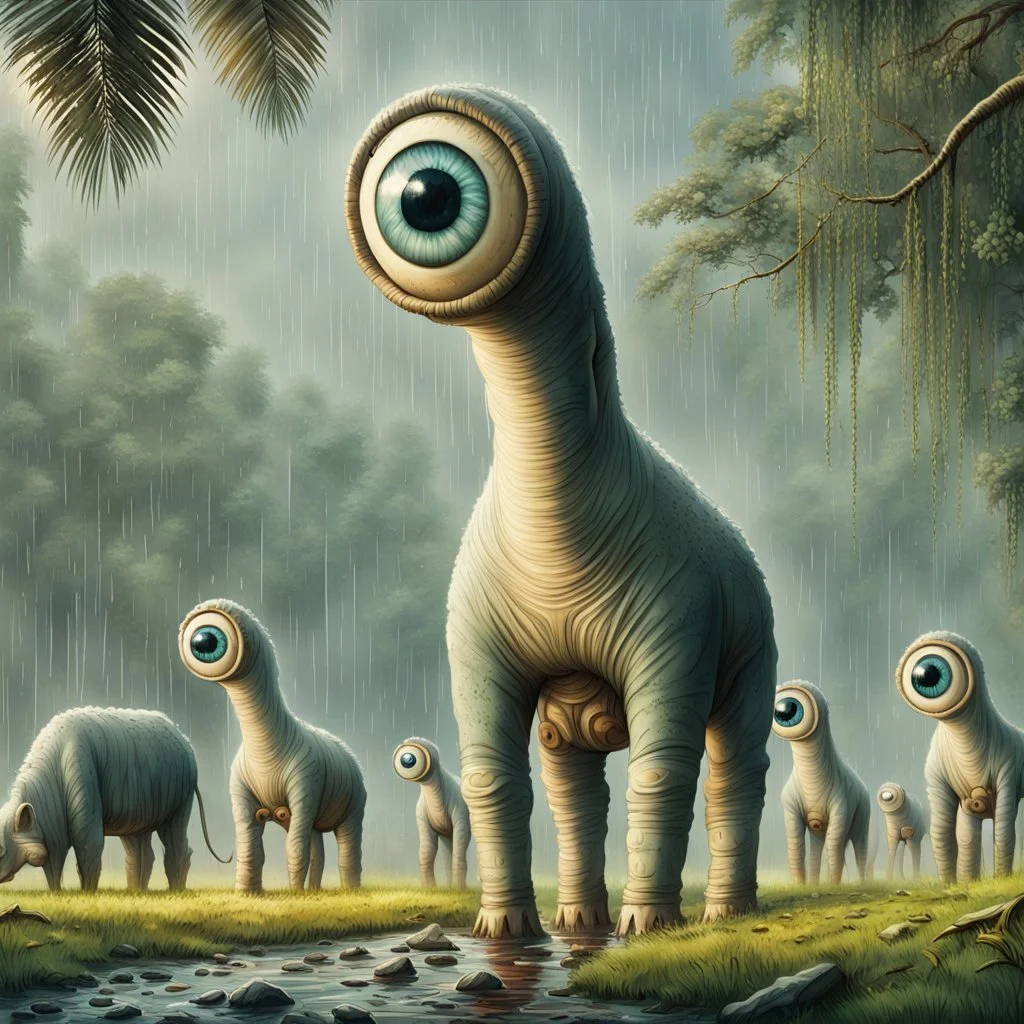 far in the distance five big crepy-cute weird creatures stand on four legs on eart , on tube heads is one giant eye , gray-white-pale blue color skin, with big cow udders on the belly between their legs,, without ears ,peacefully grazing the grass, background is a jungle, rain, detailed, sci-fi, fantasy, cinematic