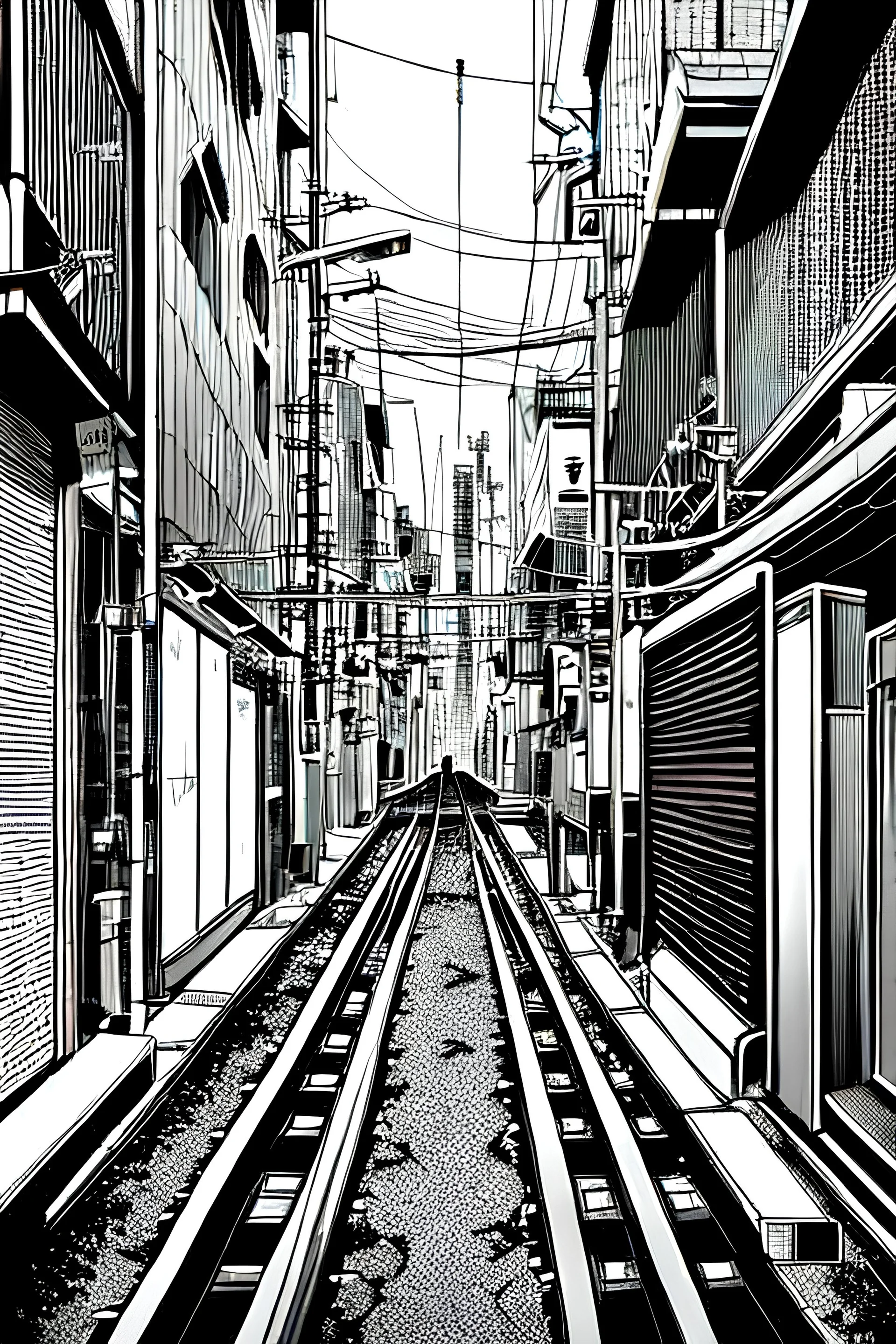 Tokyo alley, line arts, greyscale