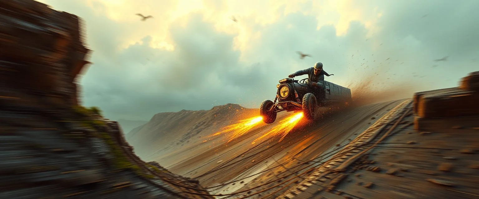 mega blasting fast, so freaking fast, faster than a greased muscle shiny cowboy disco funk fusion fluffy man gremlin monkey pig on a runaway mud train jumping over the cliff . speed and energy, painted by Rembrandt and fallout 4, straight down a muddy slide