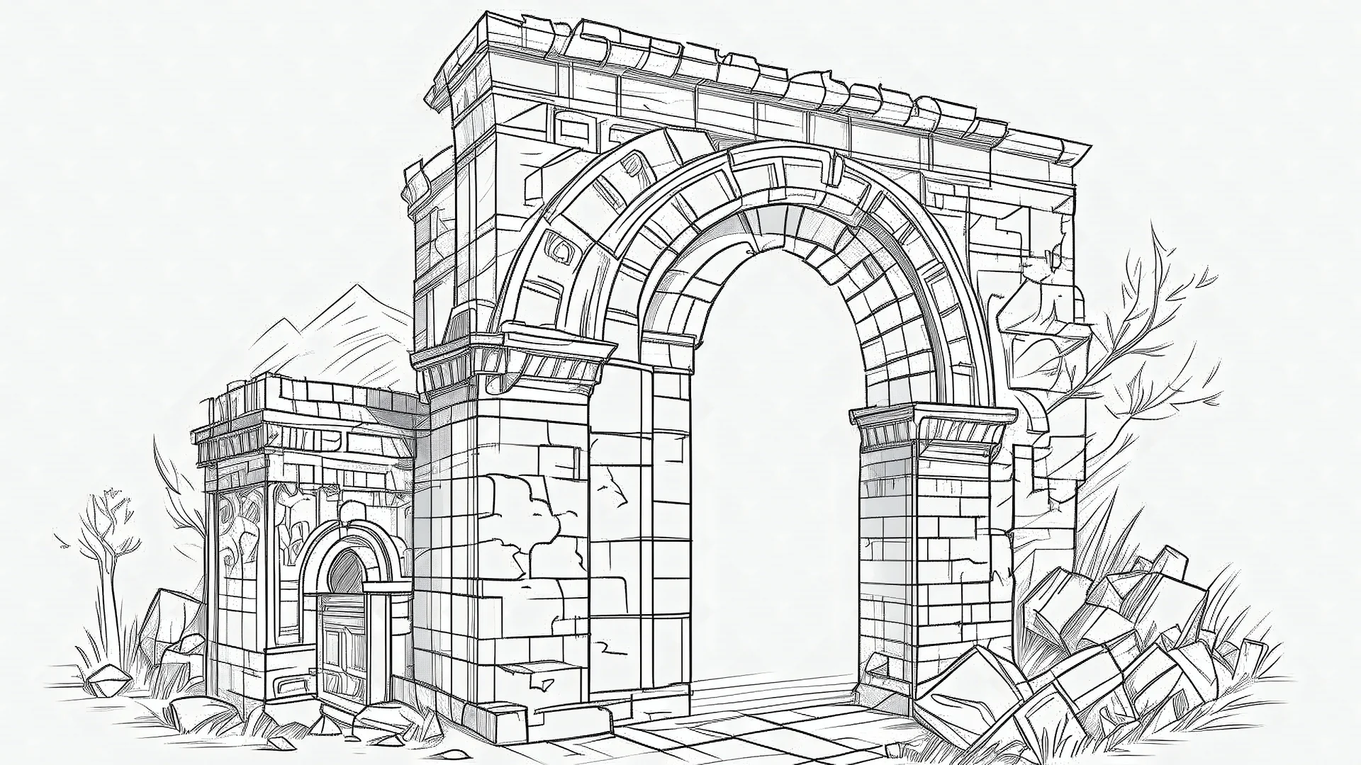 outline pencil sketch of a ruined ancient archway made of carved stone