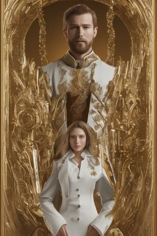 8K, a Highly detailed stunning portrait of Dom man with a kneeling submissive woman, white suit, beard, and short hair, bad boy