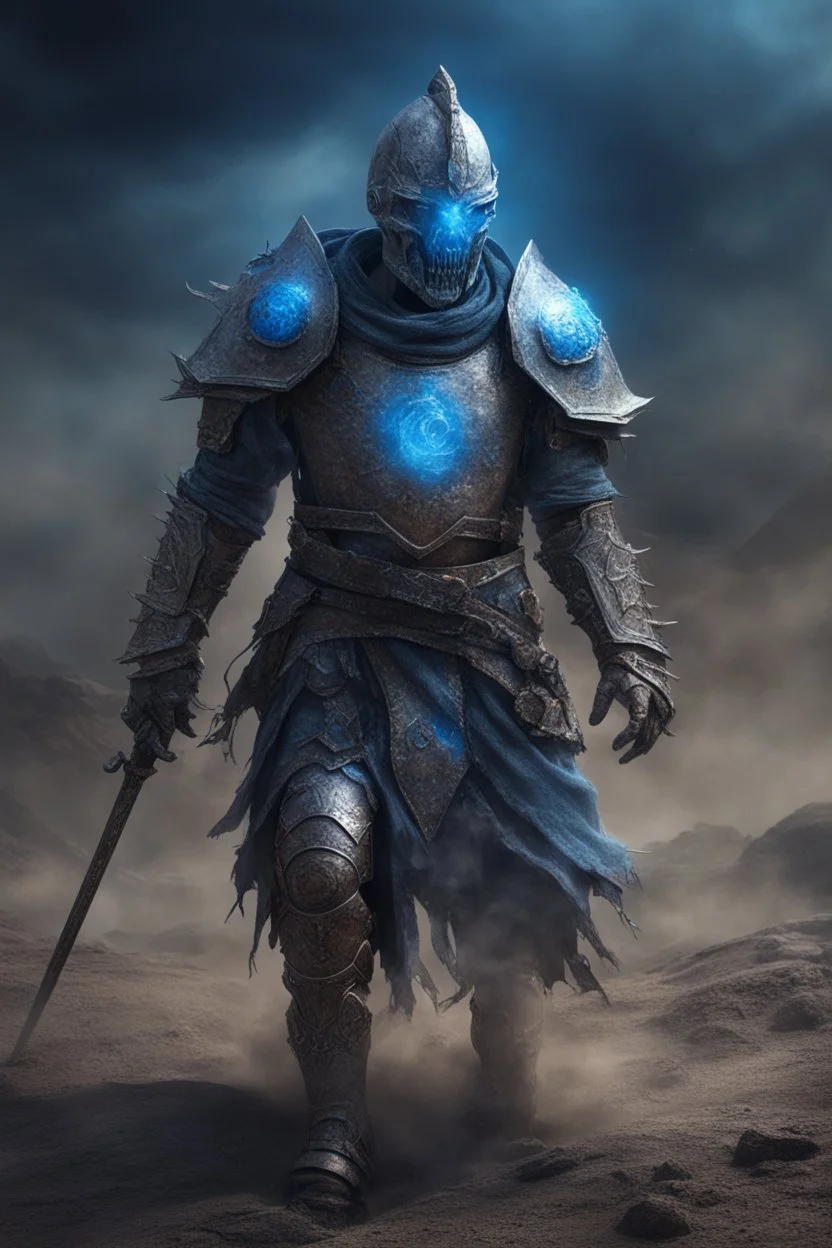 photorealistic Ancient undead psi-warrior knight commander wearing fullplate being surounded by blue aura wandering the wasteland