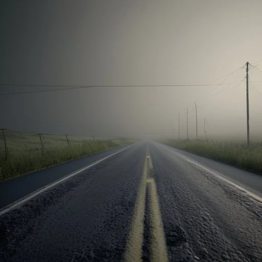 An empty road on a misty day. Telegraph poles and wires. Muted tones. Tilted horizon. With blotches, blurry areas and lens noise and grain. Photo 4k