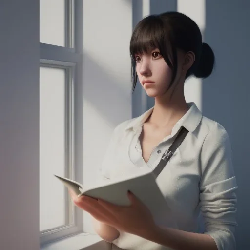 female student studying by the window, anime style,perfect face, cool face, unreal engine 5, cinema4d, sun light, studio lighting --ar 1:1 --v 4