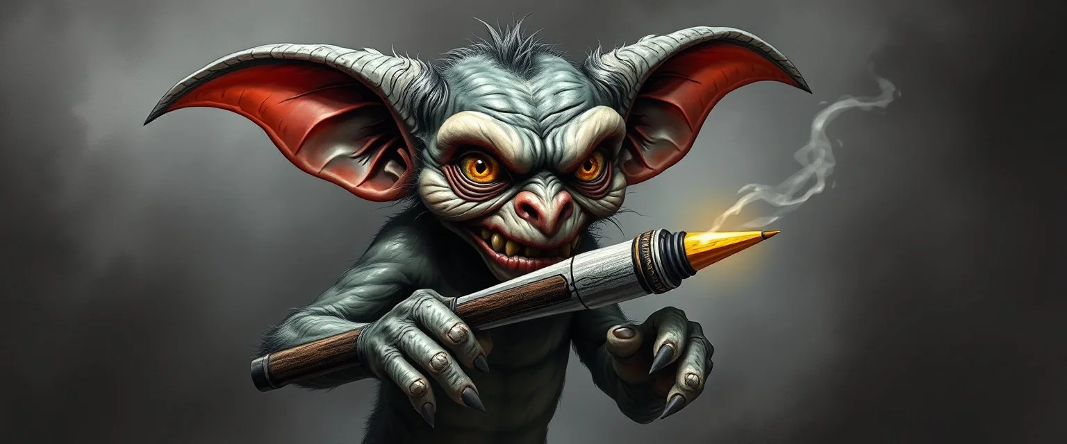 air brush 3d with pen outline, mongrel goblin gremlin holding fork , charcoal fog border