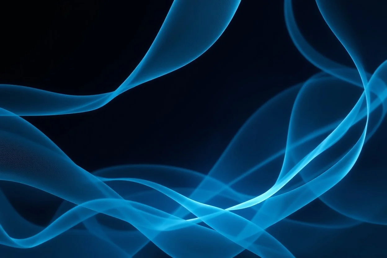 Ethereal 3d abstract background with ethereal ribbons of blue and teal swirling gracefully through a dark space. The lighting is soft and diffused, catching the edges of the curves to reveal a delicate, flowing texture. Calm and meditative mood with a rich, dark color palette and sophisticated highlights.
