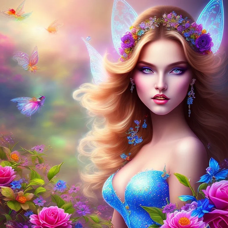 bright fairy, beautiful portrait, flowery landscape