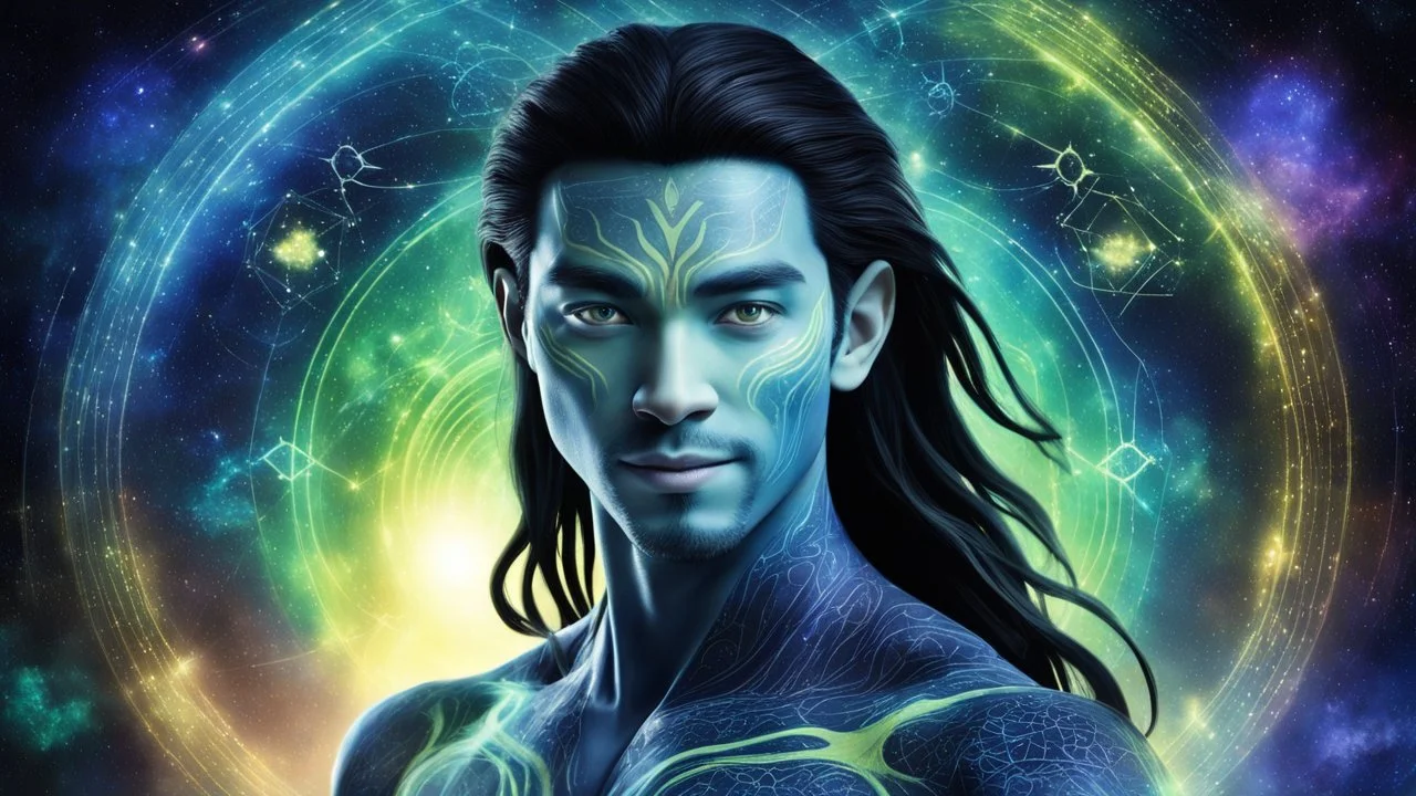 beautiful gorgeous young man na'vi with long hair, Avatar, blue skin, two small ears, green eyes, black hair, in cosmic suit, galactic ambiance, medium pointy goatee , smiling, nebulas and sacred geometry light figures on the backgroud,