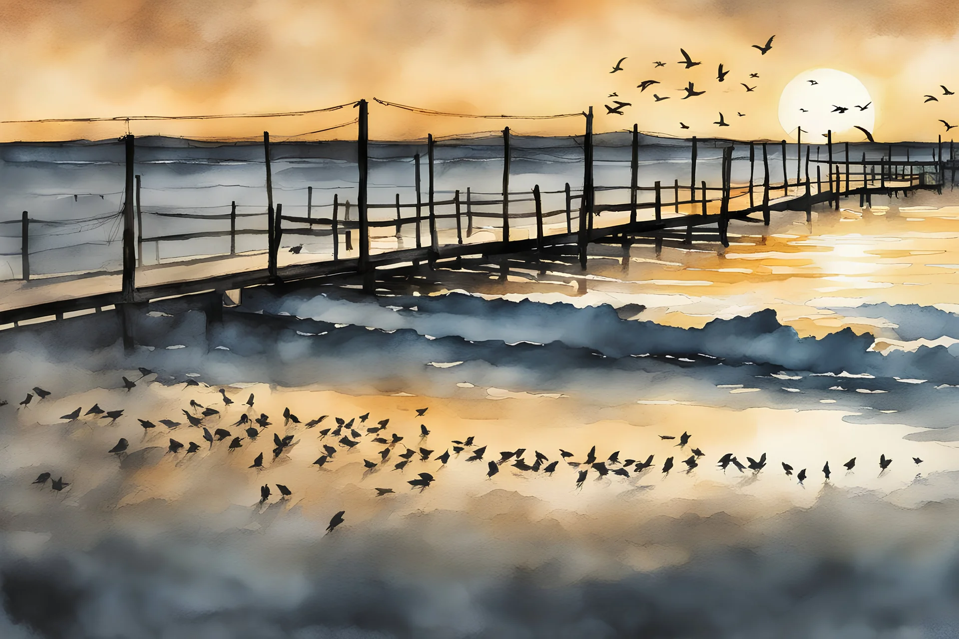 under the boardwalk, silhouette of small birds flying away in the distance. open water, sunset on the ocean, A soft-focus image of the golden sunset casting a warm glow after the rain, create in inkwash and watercolor, in the comic book art style, highly detailed, gritty textures,